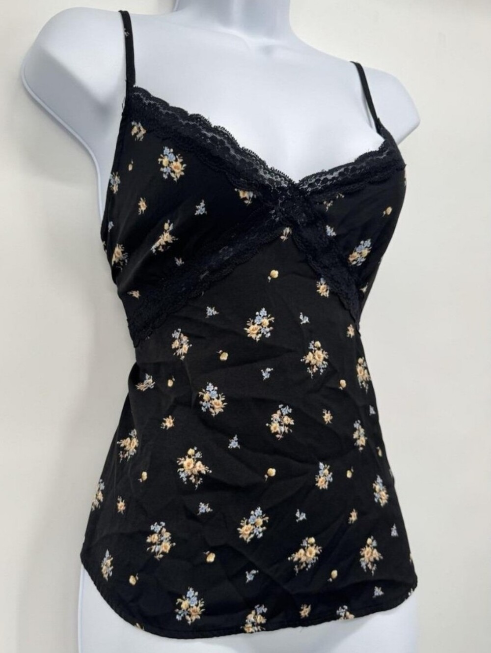 Forever 21 Black Satin Floral Print Lace-Trim Cami Y2K Whimsigoth Coquette